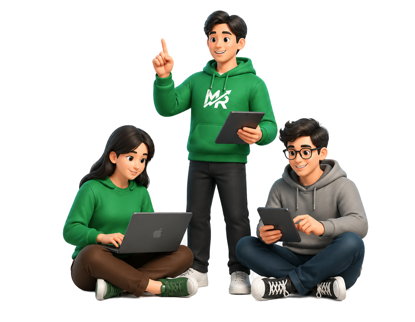 Três estudantes usando notebook e tablet
